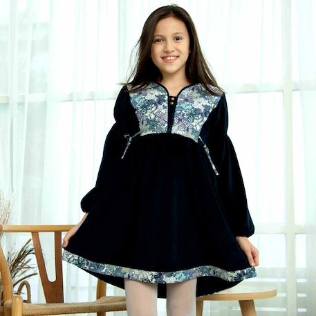 Robe velours   liberty  et  hiver   margot Bleu marine lilas 2 - vertbaudet enfant 
