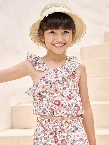 Blouse à volant asymétrique fille imprimée fleurs écru 1 - vertbaudet enfant 