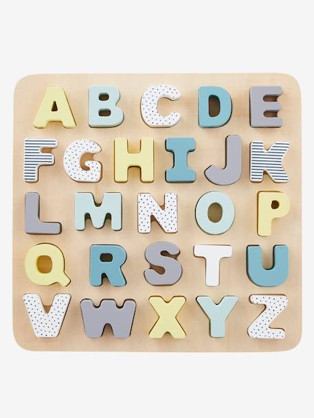 Puzzle lettres à encastrer en bois FSC® multicolore+ROSE CLAIR UNI AVEC DECOR 1 - vertbaudet enfant 