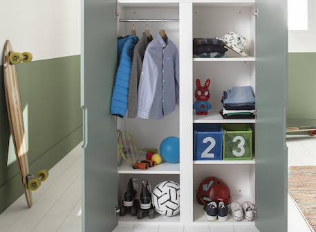 Lit mezzanine + armoire & bureau opus Blanc et bois+Bleu nuit+Mousse 15 - vertbaudet enfant 