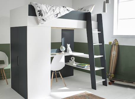 Lit mezzanine + armoire & bureau opus Blanc et bois+Bleu nuit+Mousse 7 - vertbaudet enfant 