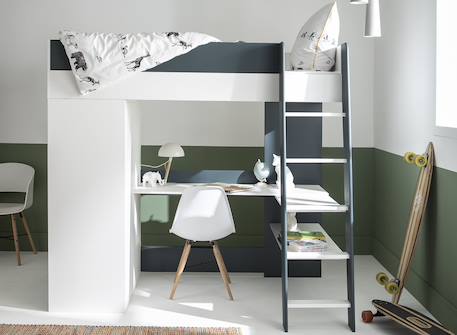 Lit mezzanine + armoire & bureau opus Blanc et bois+Bleu nuit+Mousse 8 - vertbaudet enfant 