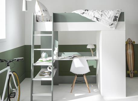 Lit mezzanine + armoire & bureau opus Blanc et bois+Bleu nuit+Mousse 17 - vertbaudet enfant 