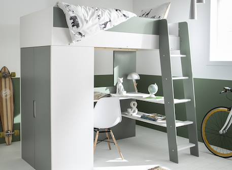 Lit mezzanine + armoire & bureau opus Blanc et bois+Bleu nuit+Mousse 13 - vertbaudet enfant 