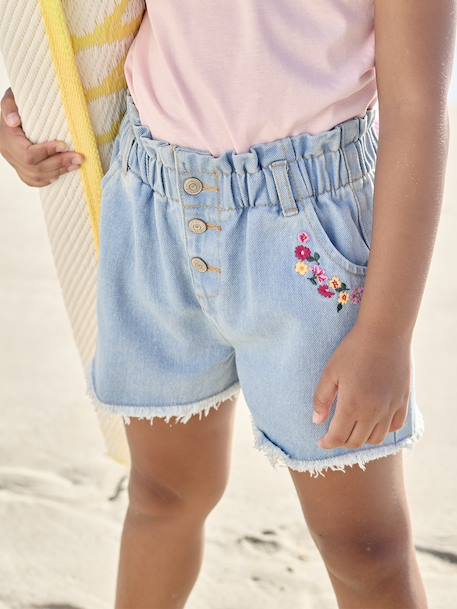 Short en jean brodé fleurs oversize fille bleu clair 5 - vertbaudet enfant 