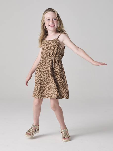 Robe à bretelles fille en gaze de coton beige+corail+vert émeraude 1 - vertbaudet enfant 