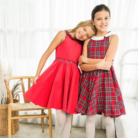 Robe qui tourne  en velours  et col claudine en tartan  hepburn Rouge carreaux tartan blanc vert+Rouge vert foncé 8 - vertbaudet enfant 