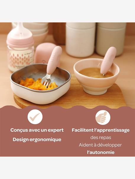 Lot de 2 pré-couverts d'apprentissage 2e âge en inox et silicone beige imprimé+Sage green+Velvet grey 6 - vertbaudet enfant 