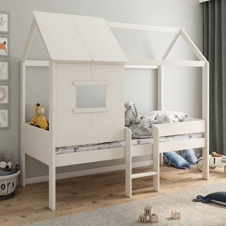 Lit cabane surélevé avec sommier pin massif et imitation bois  ambre Blanc 1 - vertbaudet enfant 
