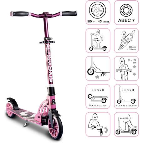 Six degrees trottinette junior aluminium - mécanisme de pliage et béquille - 180/145 mm Rose 2 - vertbaudet enfant 