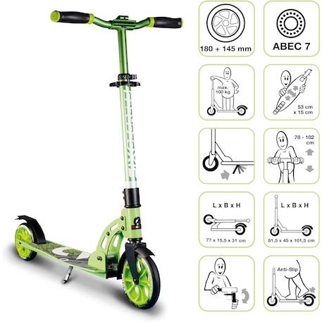 Six degrees trottinette junior aluminium - mécanisme de pliage et béquille - 180/145 mm Vert 2 - vertbaudet enfant 