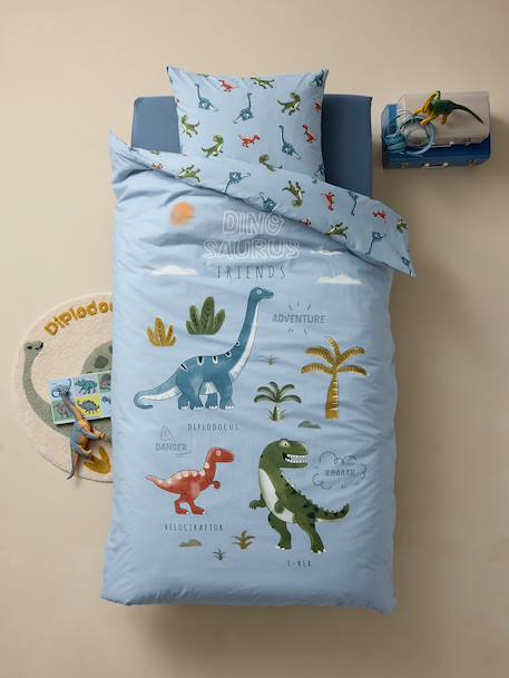 Parure housse de couette + taie d'oreiller enfant avec coton recyclé DINO FRIENDS bleu glacier 1 - vertbaudet enfant 