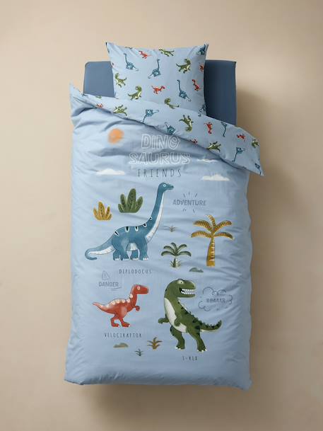 Parure housse de couette + taie d'oreiller enfant avec coton recyclé DINO FRIENDS bleu glacier 2 - vertbaudet enfant 