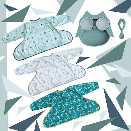 Coffret la diversification chouette - 3 bavoirs nomade + 1 assiette + 1 cuillère Bleu 2 - vertbaudet enfant 