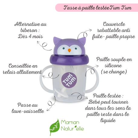 Tasse anti fuite + paille lestée chouette  - v3 Violet 2 - vertbaudet enfant 