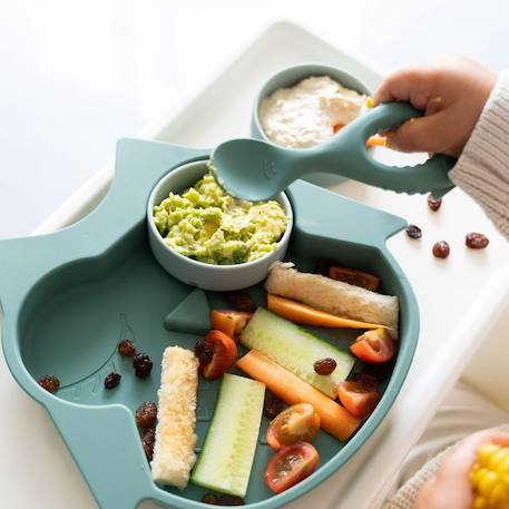 Coffret la diversification chouette - 3 bavoirs nomade + 1 assiette + 1 cuillère Bleu 6 - vertbaudet enfant 
