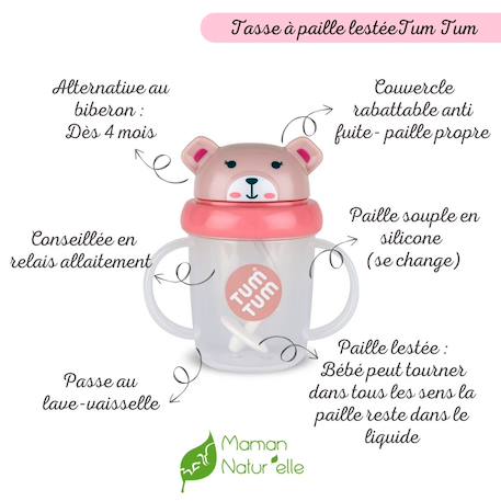 Tasse anti fuite + paille lestée ourson rose - v3 Rose 2 - vertbaudet enfant 