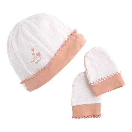 Lot bonnet et moufles bébé en coton - petit coeur Blanc 1 - vertbaudet enfant 