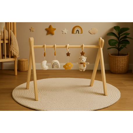Arche d'éveil bois avec 4 jouets Beige/bleu+Beige/jaune+Beige/rose+Bleu+Ecru/caramel+Jaune+Jaune/vert+Marron+Rose 4 - vertbaudet enfant 