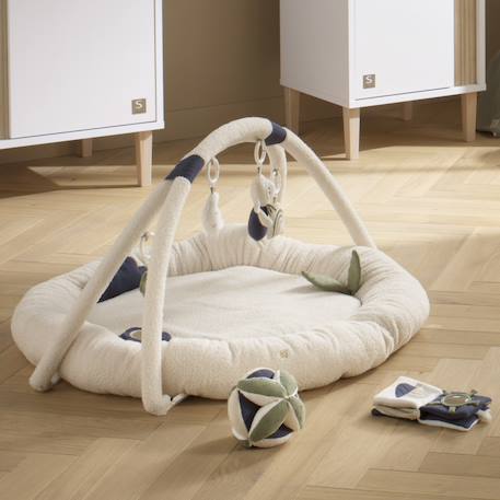 Tapis d'éveil rond en bouclette coton bio - petit nuage Blanc/bleu+Blanc/jaune+Blanc/rose 2 - vertbaudet enfant 