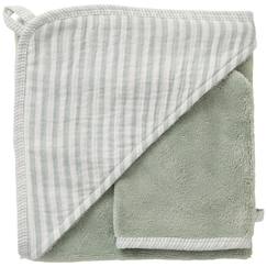 Linge de maison et décoration-Linge de bain-Cape de bain + gant éponge bambou et gaze rayé vert de gris