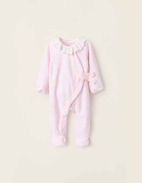 Grenouillère en velours avec nœud et broderie anglaise Rose 1 - vertbaudet enfant 