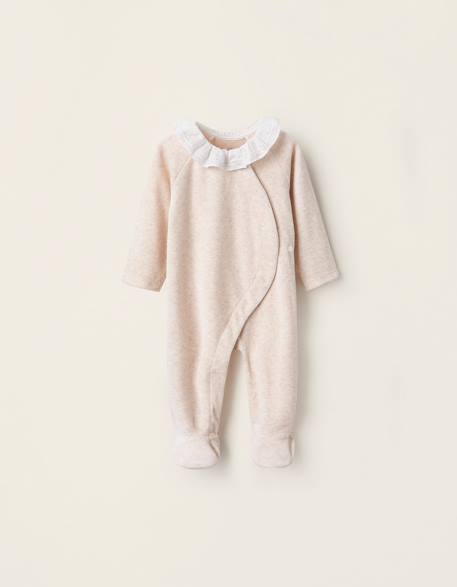 Grenouillère en velours avec col à volants Beige clair 1 - vertbaudet enfant 