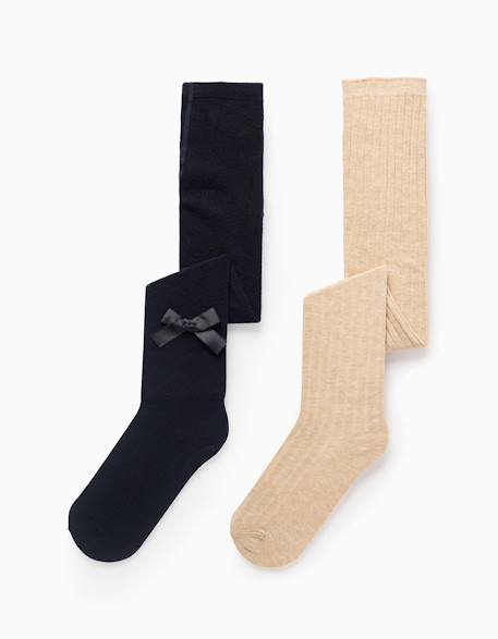 Pack 2 collants côtelé/avec noeud Multicolore 1 - vertbaudet enfant 
