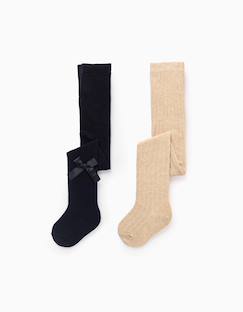 -Pack 2 collants côtelé/avec noeud