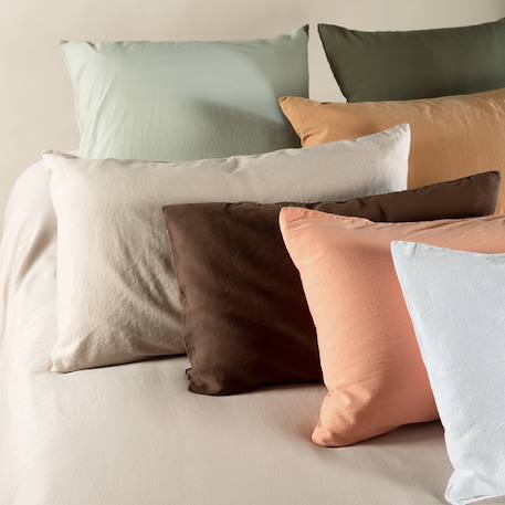Taie d'oreiller satin de coton bio lavé Blanc craie+Cyprès 5 - vertbaudet enfant 