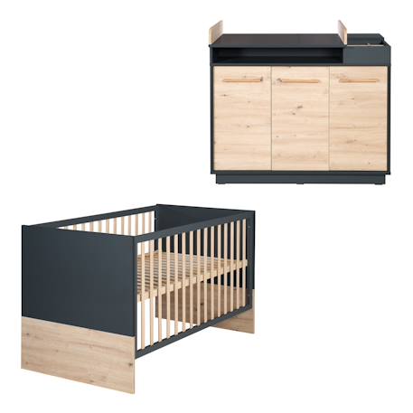 Chambre bébé évolutive 2 pièces - lit et commode à fermeture douce lenn Anthracite / chêne artisan 1 - vertbaudet enfant 