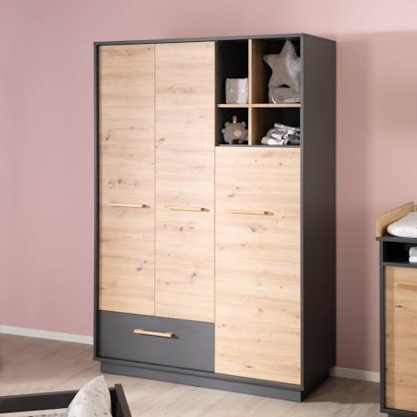 Armoire bébé scandinave 3 portes et 1 tiroir lenn Anthracite / chêne artisan 2 - vertbaudet enfant 