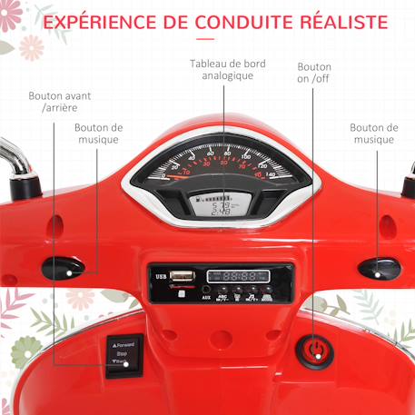 Scooter moto électrique enfant vespa 6v musique mp3 port usb klaxon phare feu ar Rouge 5 - vertbaudet enfant 