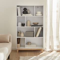 Chambre et rangement-Bibliothèque scandinave blanche - floki - pieds en bois de sapin, 4 étagères, 8 compartiments, 80x30x138cm