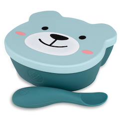 Puériculture-Bol à ventouse en silicone + cuillère - ourson bleu