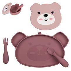 Puériculture-Assiette + bol ventousés en silicone - ourson rose