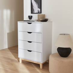 Chambre et rangement-Commode blanche scandinave - floki - chiffonnier avec pieds en bois de sapin, 4 tiroirs, 60x40x90cm