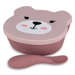 Puériculture-Bol à ventouse en silicone + cuillère - ourson rose