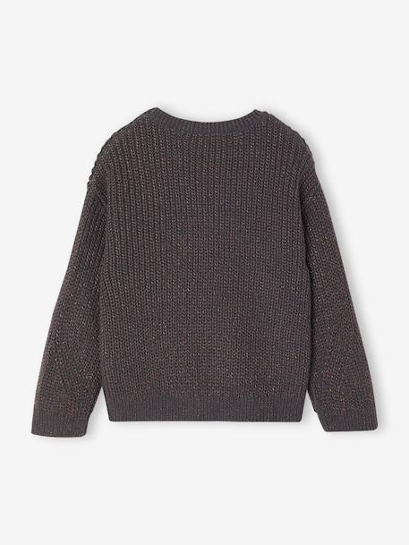 Pull fille maille perlée animation badge irisé anthracite+violet 2 - vertbaudet enfant 
