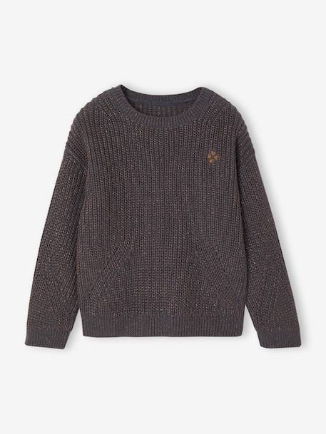 Pull fille maille perlée animation badge irisé anthracite+violet 1 - vertbaudet enfant 