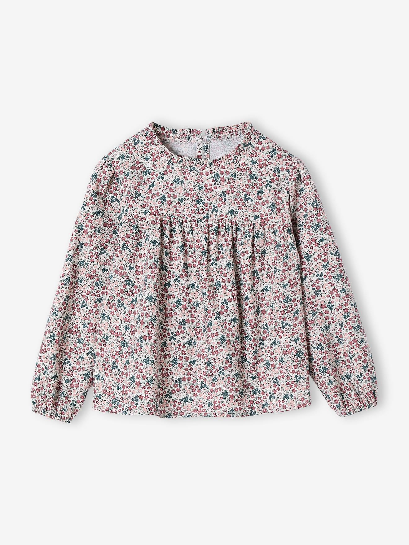 Blouse Fille Vertbaudet à Motifs Fleurs - Manches Longues élastiquées - Col Volanté - Tissu Viscose/coton Fluide - 8
