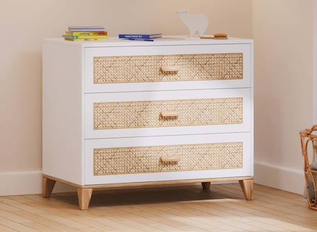 Commode 3 tiroirs cannage rotin nami Blanc 1 - vertbaudet enfant 