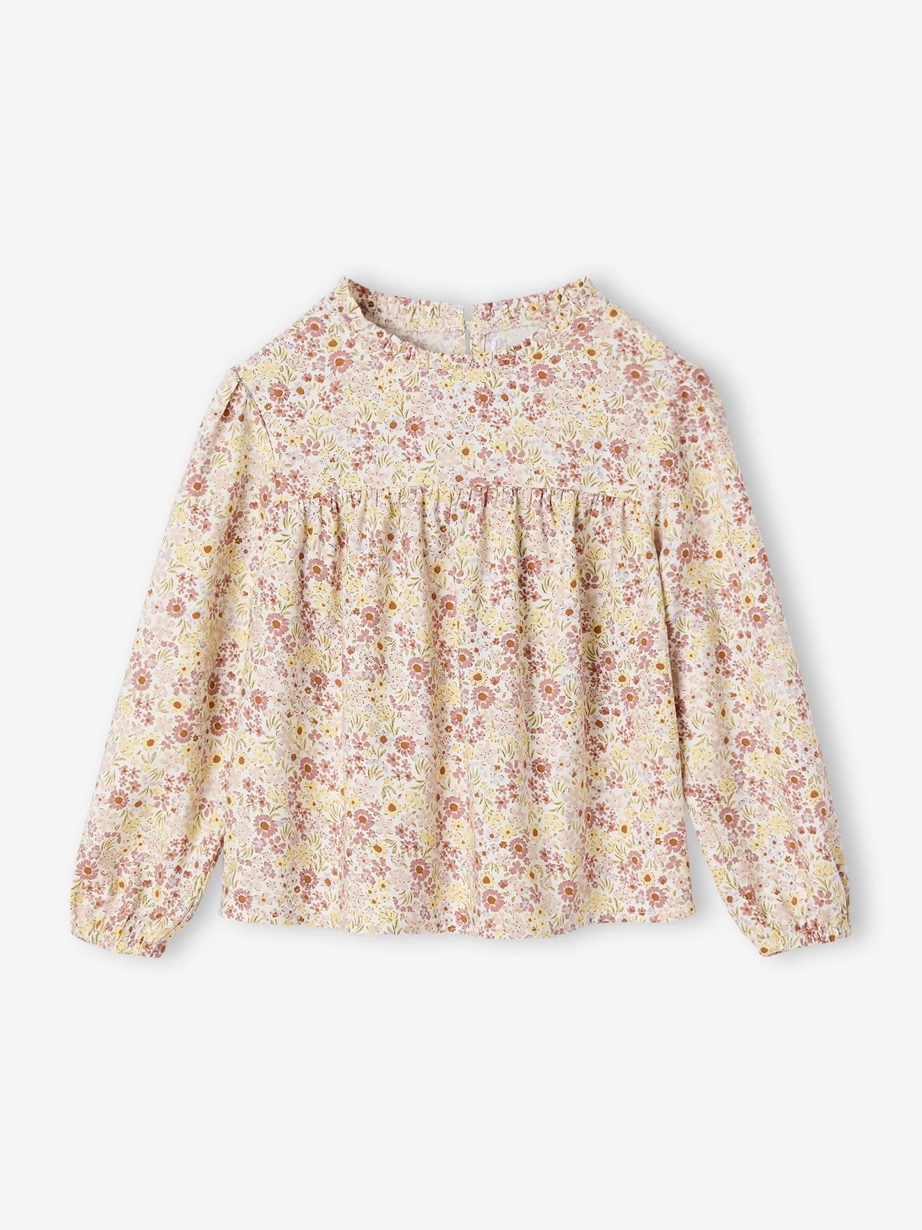 Blouse Fille Vertbaudet à Motifs Fleurs - Manches Longues élastiquées - Col Volanté - Tissu Viscose/coton Fluide - 4