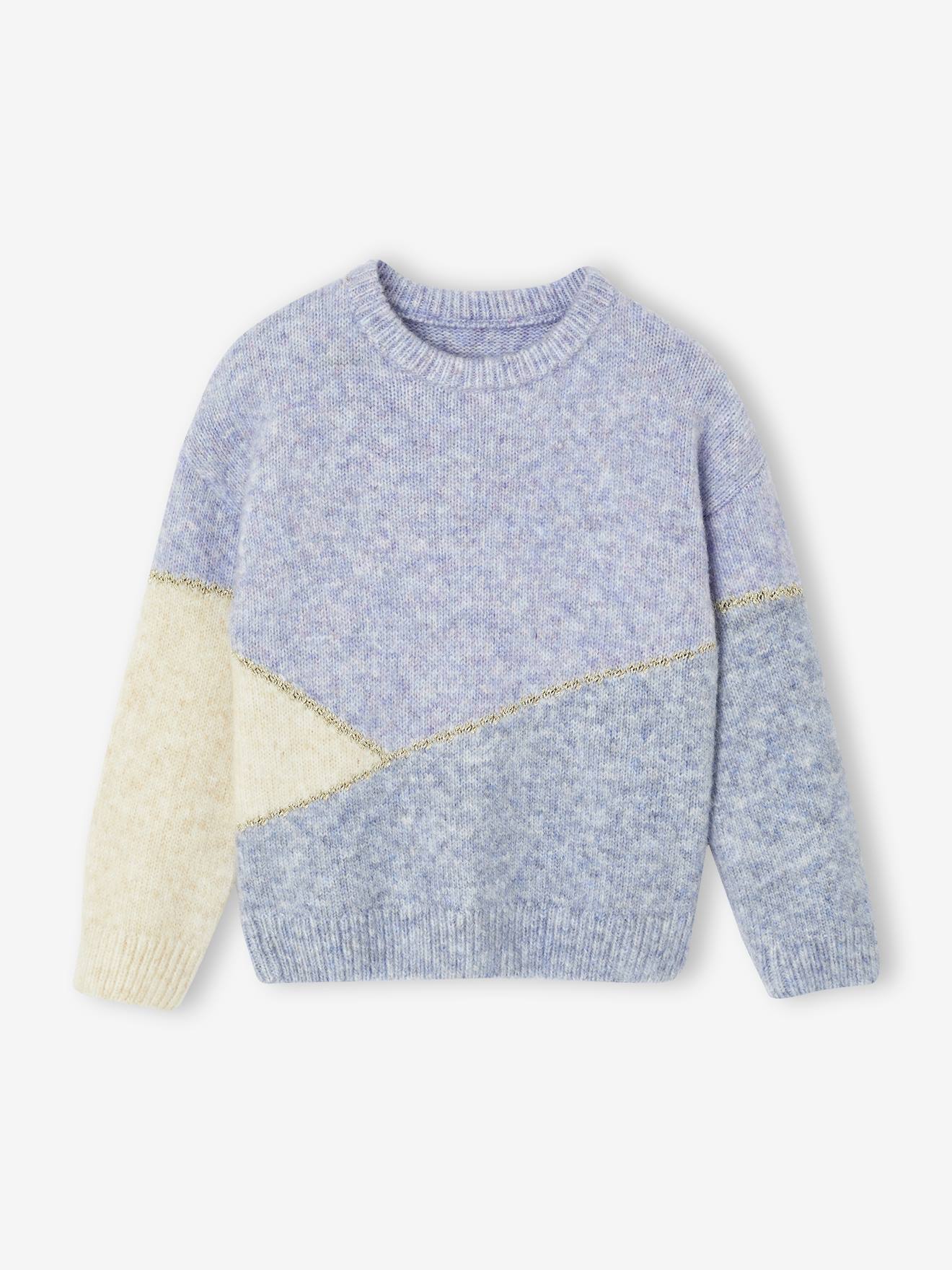 Pull Double Col Brodé En Maille Mousseuse Pour Fille - VERTBAUDET - Manches Longues, Ouverture Boutonnée Au Dos