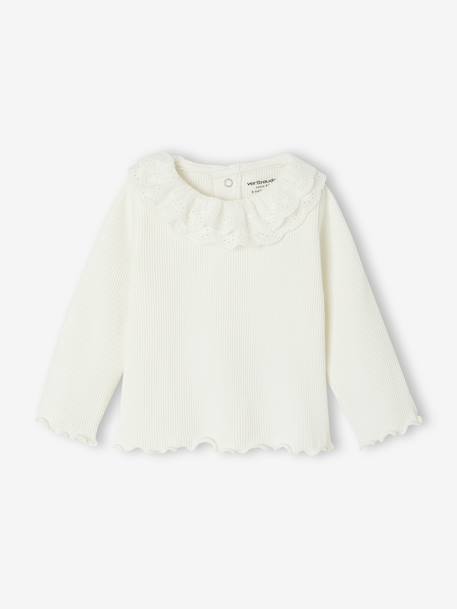 T-shirt bébé manches longues avec collerette brodée écru+kaki 1 - vertbaudet enfant 