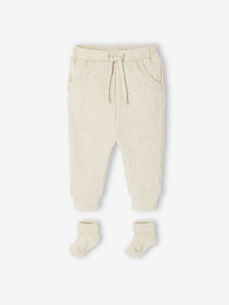 Ensemble uni pantalon et paire de chaussettes beige chiné 1 - vertbaudet enfant 