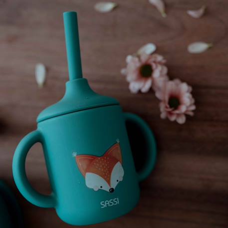 Gobelet en silicone avec poignées et paille animaux Beige+Bleu+Orange+Rose+Vert+Vert paon 30 - vertbaudet enfant 