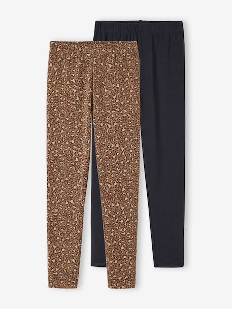 Lot de 2 leggings fille Basics indigo+kaki+marron imprimé+vert sauge 11 - vertbaudet enfant 