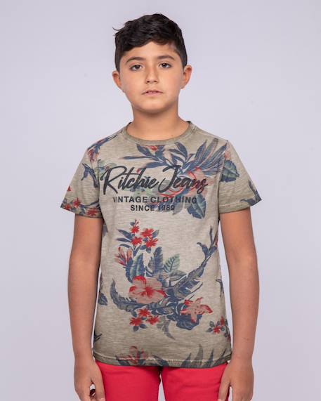 T-shirt col rond pur coton motifs nalko garçon Beige+Kaki 5 - vertbaudet enfant 