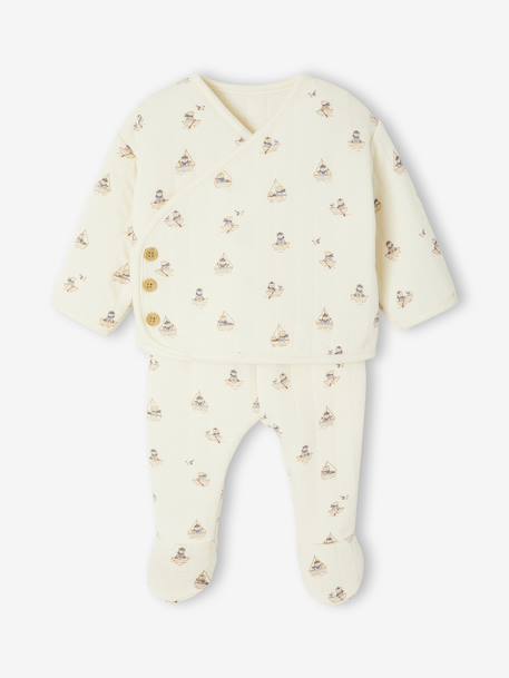 Ensemble matelassé gilet + pantalon à pieds entièrement imprimé écru+rose 1 - vertbaudet enfant 